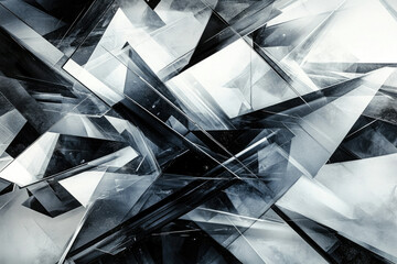 Abstract grayscale image featuring an intricate arrangement of overlapping geometric shapes, creating a complex and dynamic composition.