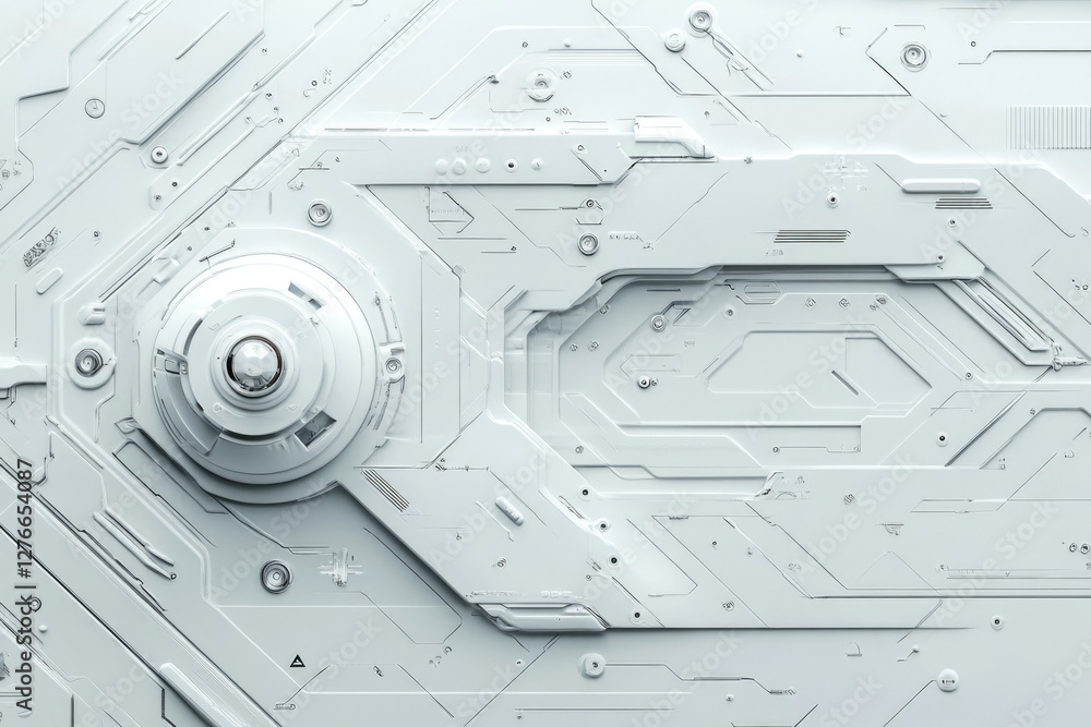 Poster Abstract futuristic white technological panel with integrated circuitry and mechanical components.