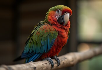 Obraz premium Vibrant macaw parrot perched on a branch inside a cage with detailed feathers in shades of red, green and blue