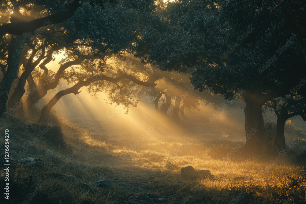 Poster sunbeams pierce through a misty forest, illuminating the ancient oak trees and creating a magical at