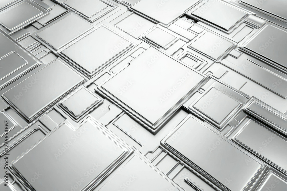 Poster Abstract 3D rendering of a metallic surface with geometric shapes and reflective texture.