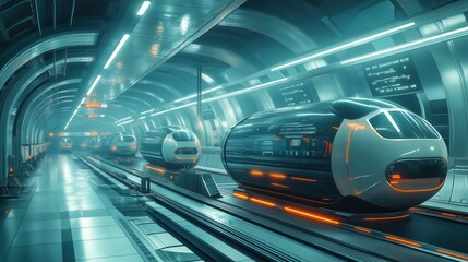 Futuristic Transportation Hub Featuring Hyperloop Pods and Automated Systems in a Sleek Environment