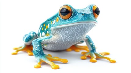 Brightly colored blue and orange frog with large eyes on white background