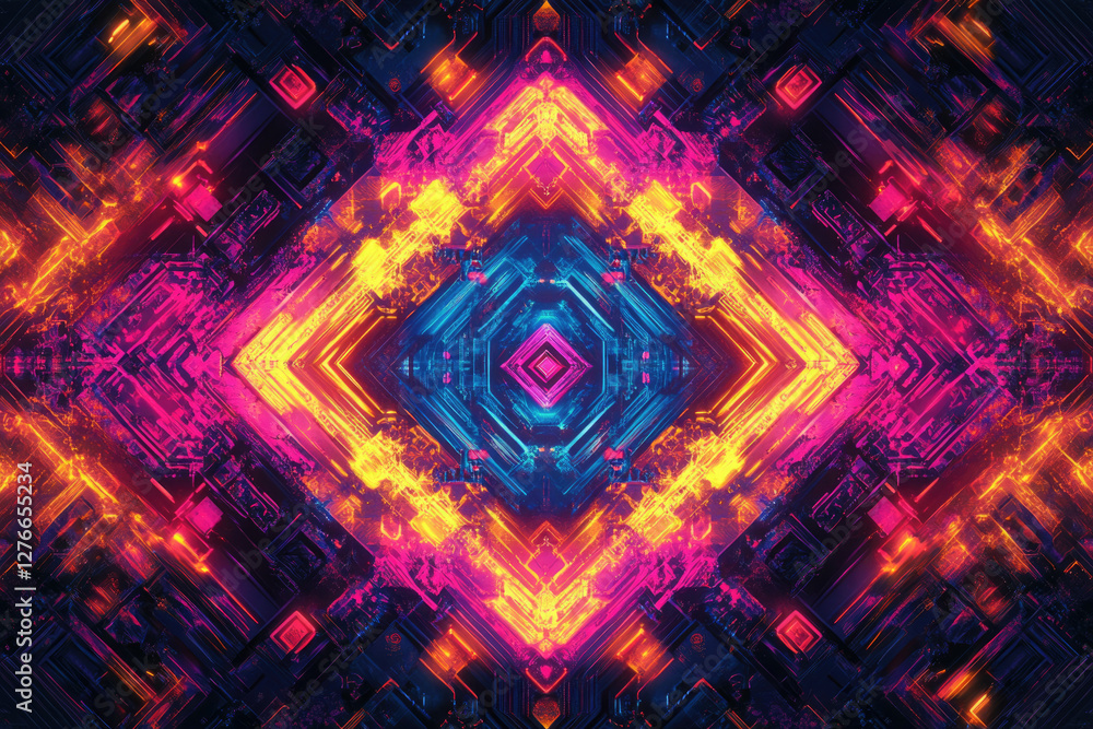 Poster Vibrant symmetrical digital art with neon colors and geometric patterns creating a kaleidoscopic effect.