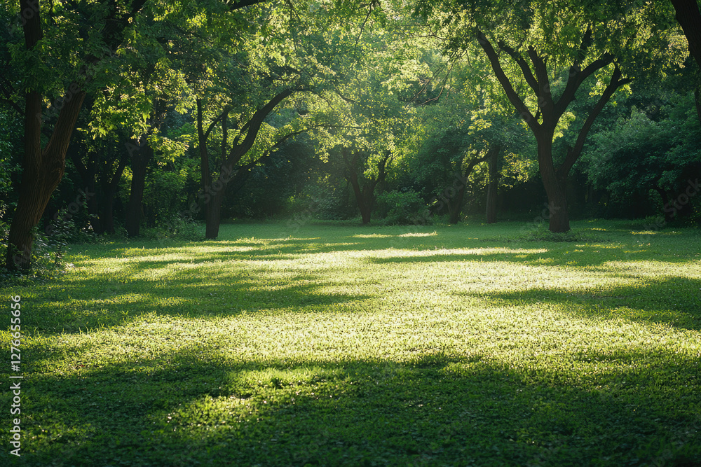 Poster sunlit green meadow in a lush forest, dappled shadows from trees.