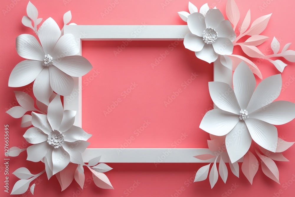 Poster white paper flowers and leaves creating a frame on a pink background, offering copy space for text o