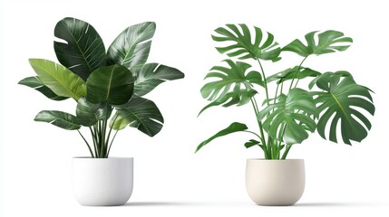Obraz premium Two lush potted plants: tropical leaves in modern white pots on white background