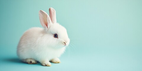 Obraz premium A small white bunny sitting on a pastel blue background, looking calm and peaceful
