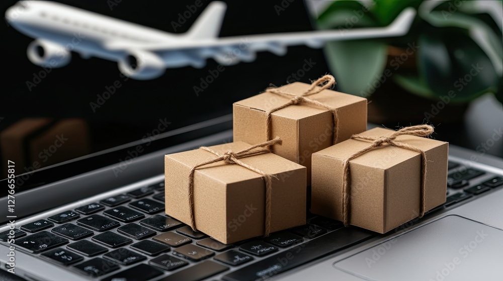 Poster package delivery system in a modern workspace with an airplane in the background highlighting global