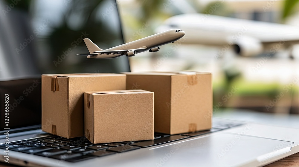 Poster delivery process displayed through a laptop with cardboard boxes and an airplane model taking off in