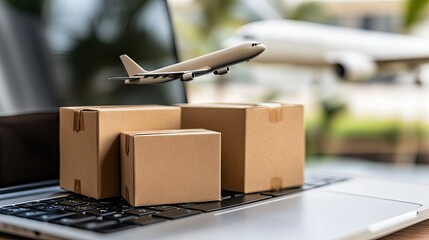 Delivery process displayed through a laptop with cardboard boxes and an airplane model taking off in the background