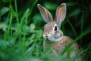 Obraz premium A wild rabbit sitting in lush green grass, attentively observing its surroundings with perked ears