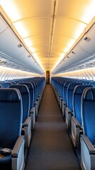 Obraz premium Interior of a commercial airplane showcasing empty rows of seats with bright overhead lighting creating a warm ambiance