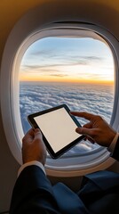 Passenger views sunset from airplane window while using tablet at cruising altitude above the clouds