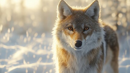 Obraz premium Majestic coyote stands in snowy winter landscape with soft sunlight glow