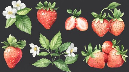 Watercolor strawberries and flowers on dark background – botanical art and fresh leaves