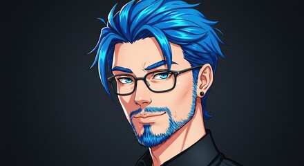 Obraz premium Animated Man with Blue Hair and Beard Wearing Glasses in Studio