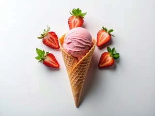 High-angle shot:  A colossal strawberry ice cream cone, a delightful summer dessert, perfectly isolated on white.