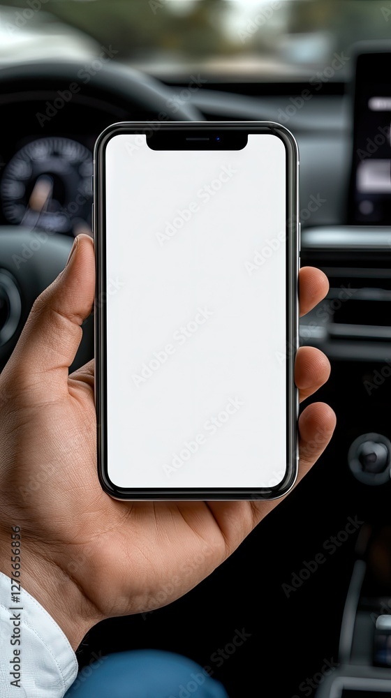 Poster hand holding smartphone with clear display inside a modern vehicle during daytime, indicating techno