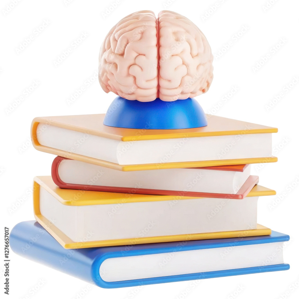 Leinwandbilder a brain model rests atop a stack of colorful books, symbolizing knowledge and learning.