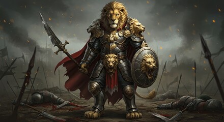 Lion Warrior Standing Victorious on Battlefield After a Fierce Conflict