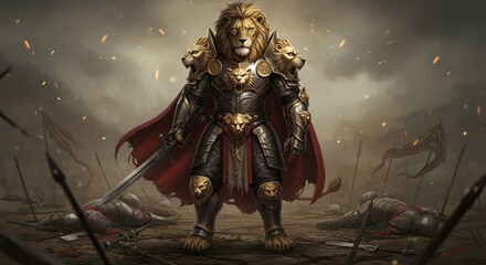 Fototapeta premium Lion Warrior Standing Victorious on Battlefield with Sword and Red Cape