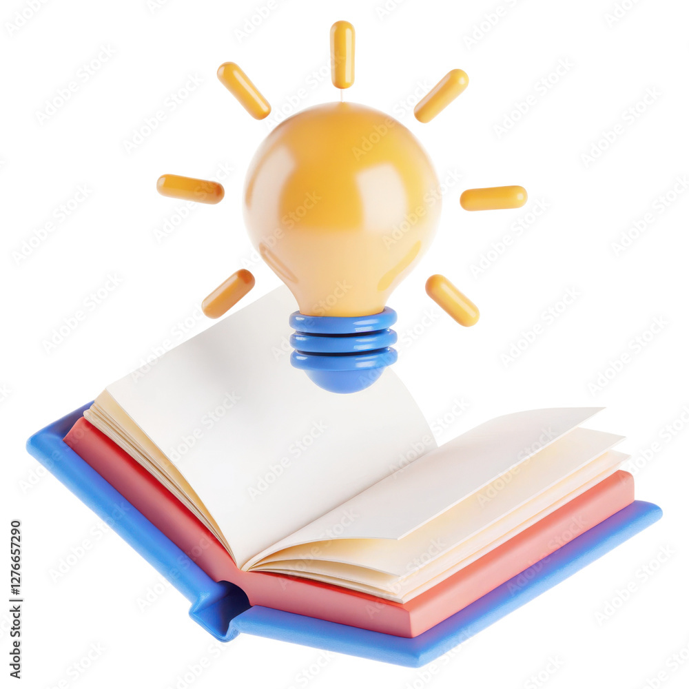 Poster a colorful book with pages open and a light bulb hovering above, symbolizing knowledge and inspirati