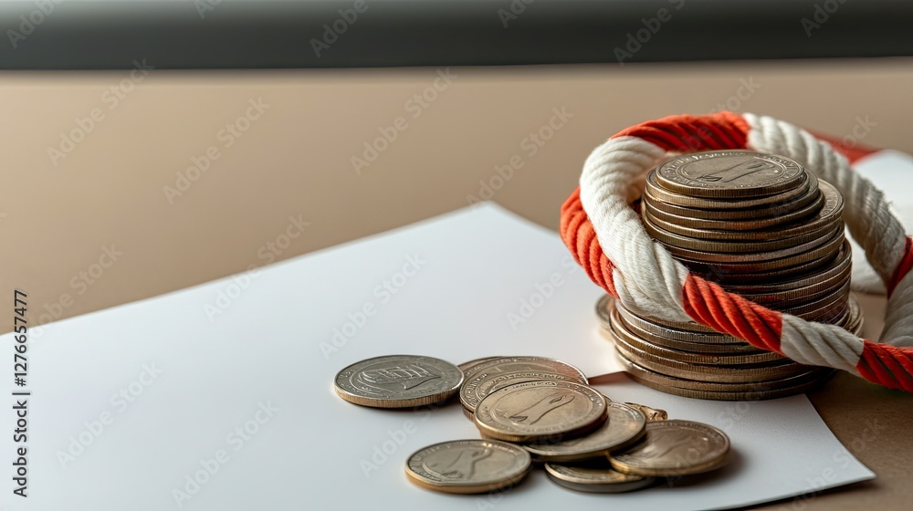 Poster collection of coins organized with a twisted rope on a wooden surface during daylight hours in a min