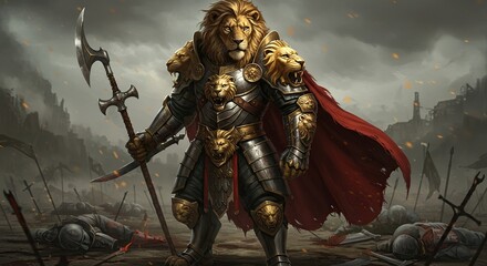 Fototapeta premium Lion Warrior in Armor Standing Over Battlefield Holding Spear Illustration