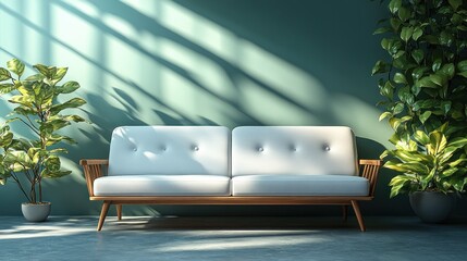 Sunlit Living Room Sofa with Plants