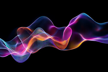 Dynamic flowing wireframe waves with vibrant neon colors on black background. Translucent mesh lines blend in pink, purple, blue, and orange creating an ethereal sound or data visualization pattern.