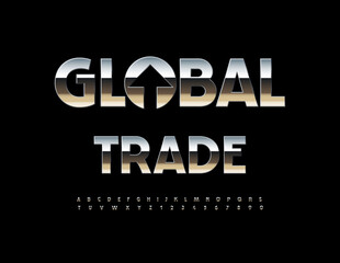 Vector Financial concept Global Trade. Reflective Silver Font. Metallic Alphabet Letters and Numbers set