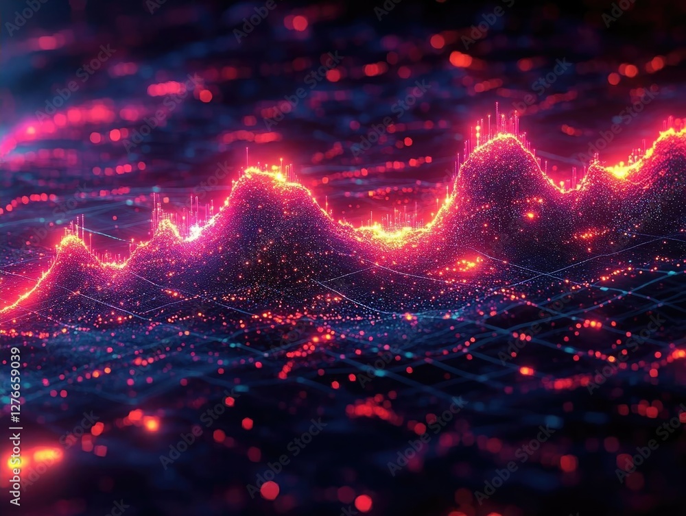 Poster abstract visualization of data trends with vibrant neon colors and glowing particles in a digital la