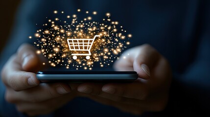 Participating in a vibrant online shopping experience through a smartphone, all while surrounded by dazzling glowing effects in a contemporary environment