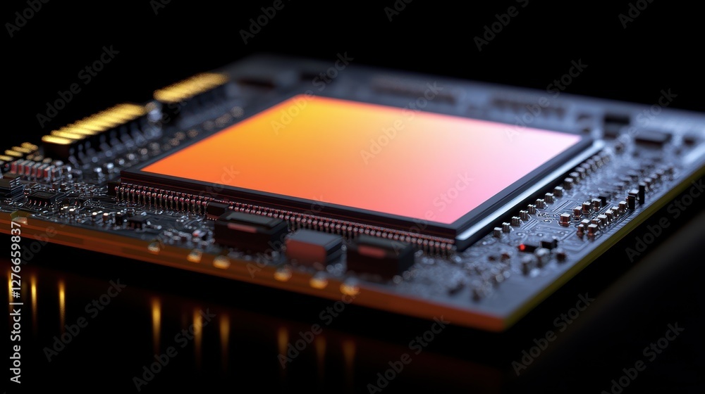 Poster close-up of a modern microchip with glowing orange core on dark background