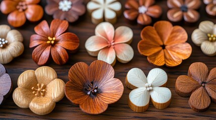 Wooden flower crafts on dark wood background