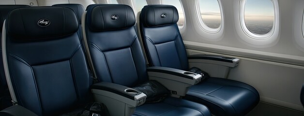 Obraz premium A cozy seating arrangement on an airplane features three seats, providing a serene experience during a twilight flight above the clouds