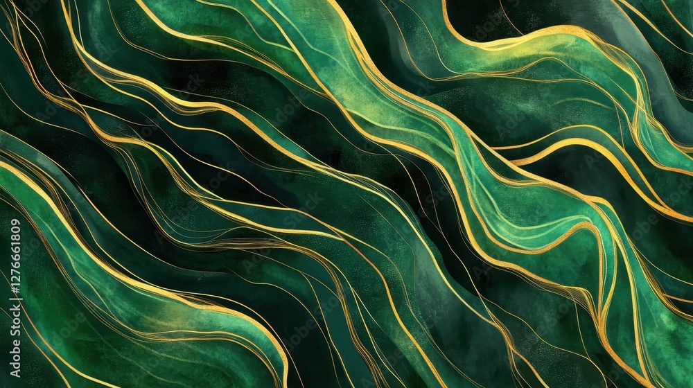 Aufkleber abstract green and gold waves with flowing lines and textured background design