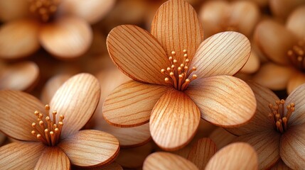 Wooden flowers, close-up, texture, background blur, craft
