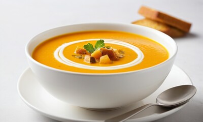 Creamy Orange Soup with Garnishes and Decorative Spoon on Table
