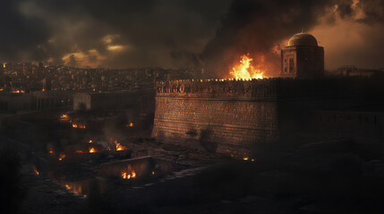 Obraz premium Destruction of ancient city of Jerusalem in 607 B.C.E by Chaldean soldiers under rulership of Babylonian King Nebuchadnezzar II, Jews were killed and others taken captives for disobedience to God