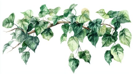 Watercolor green ivy vine on white background with lush leaves