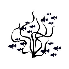 Silhouette, stamp of schools of small fish in seaweed. Vector graphics.