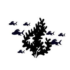 Silhouette, stamp of schools of small fish in seaweed. Vector graphics.