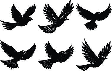 vintage flying bird silhouette set, drawing birds black silhouette