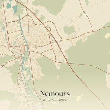 Vintage map of Nemours, France.