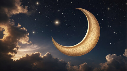 Naklejka premium stunning crescent moon shines brightly against starry night sky, surrounded by soft clouds. intricate patterns on moons surface add touch of elegance to this celestial scene