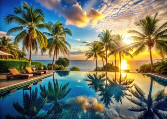 Fototapeta premium Luxury awaits at Tropical Paradise Resort. Ocean view pool, swaying palms, ultimate getaway.