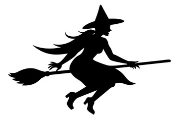 Silhouette of a female witch ride broom.