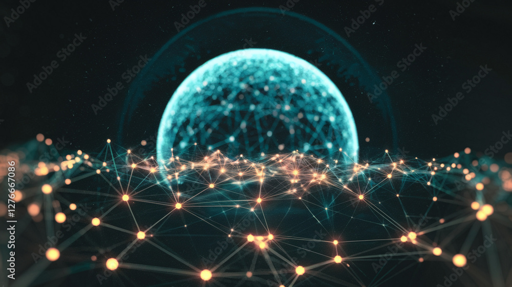 Poster glowing neural network visualization floating in dark futuristic space, representing artificial inte